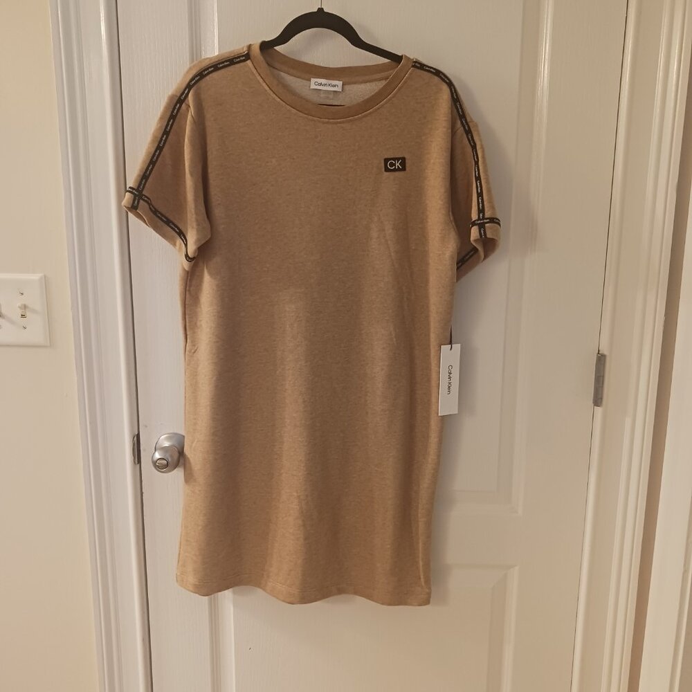 Calvin Klein Women Large tan Cotton/Polyester T-Shirt Polo Dress Short Sleeve